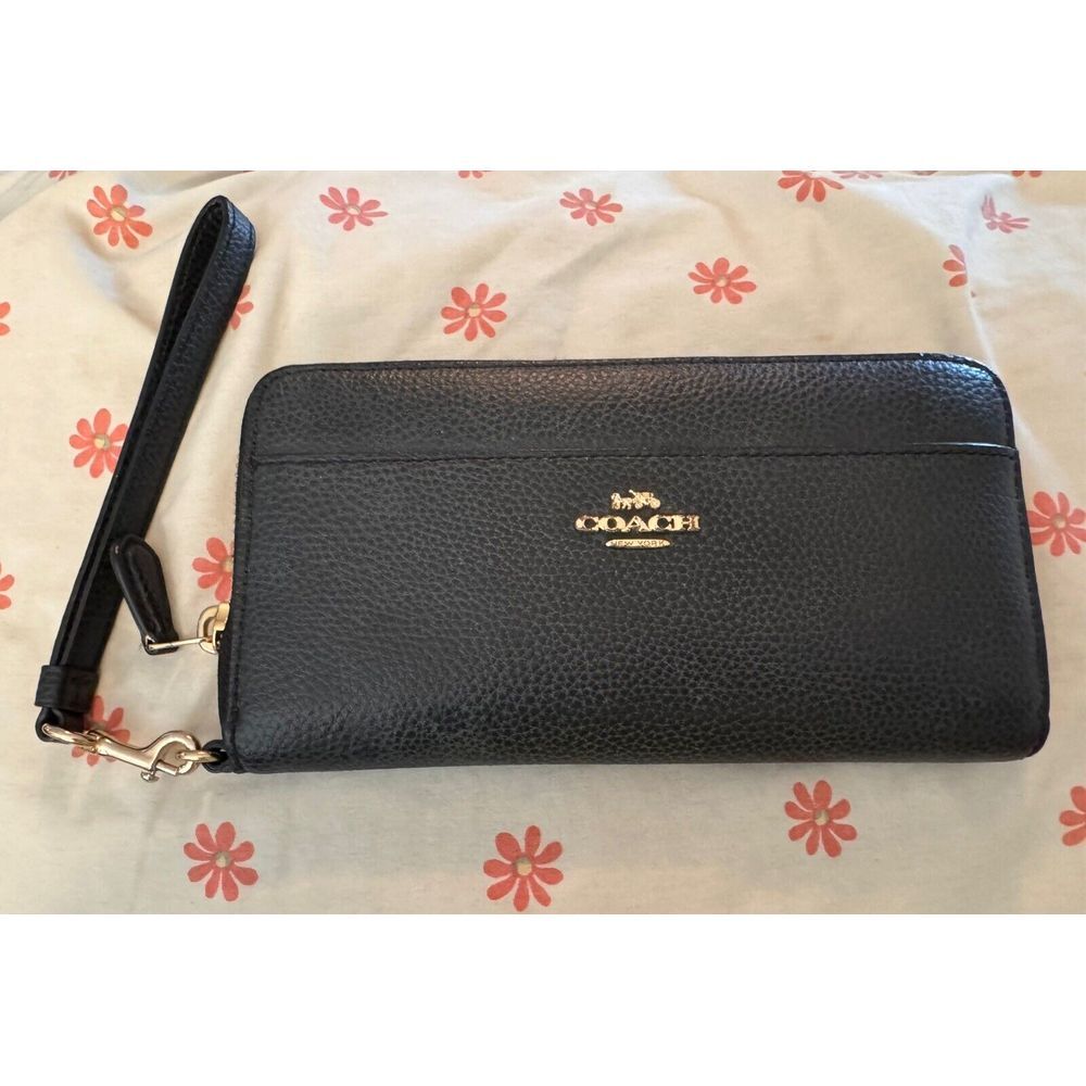 COACH Long Wallet Signature Accordion Round Zip Strap Black Pebble Vintage EUC - Picture 1 of 6